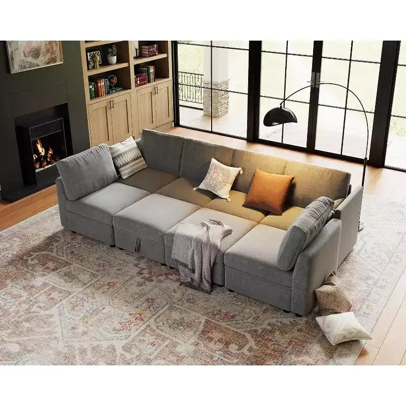 Canapé d'angle 6 places Acekool – Ottomane de rangement, tissu chenille, gris