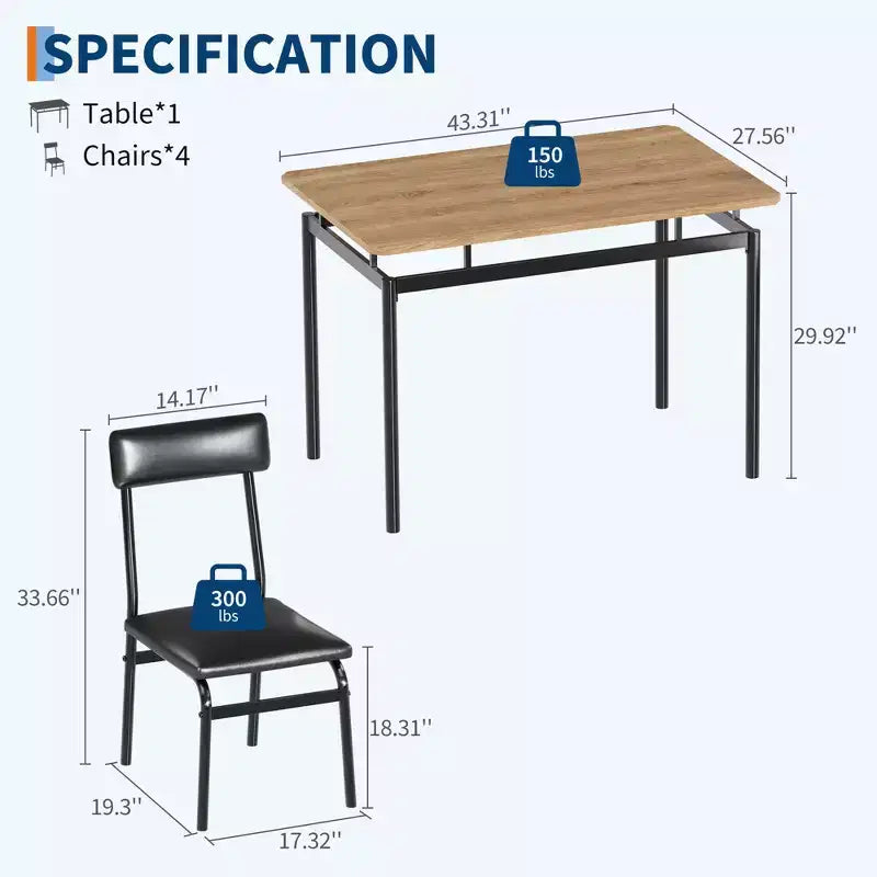 Ensemble de salle à manger 5 pièces, ensemble table de cuisine en bois avec 4 chaises rembourrées en PU, ensemble de dînette avec structure en métal industriel, marron