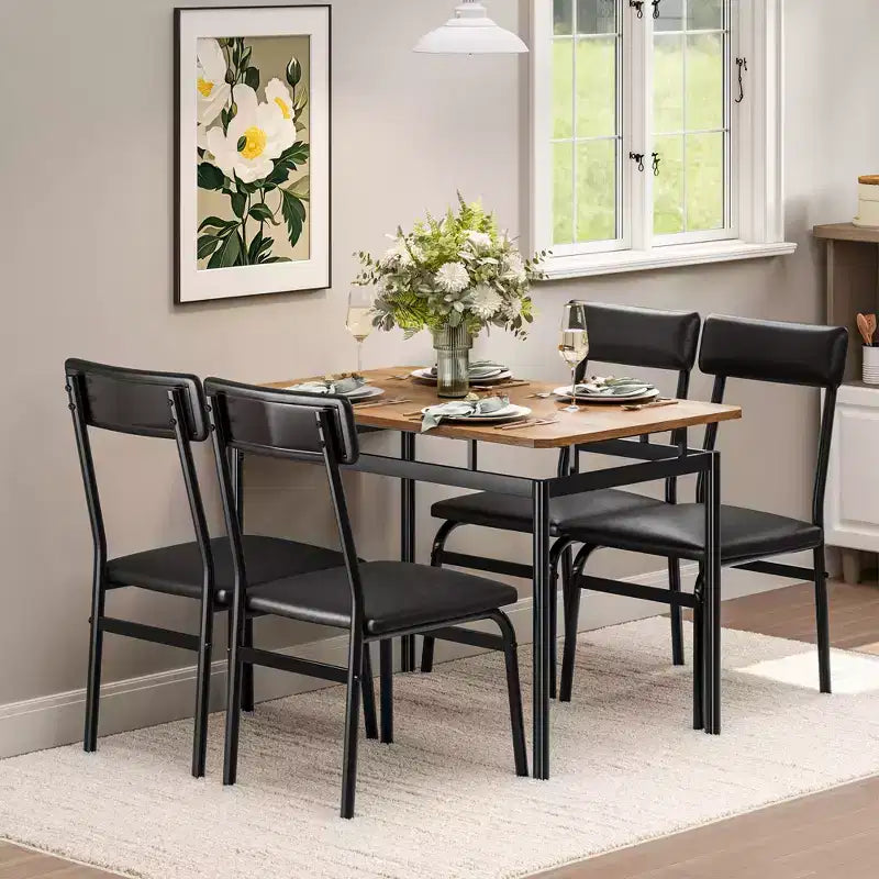 Ensemble de salle à manger 5 pièces, ensemble table de cuisine en bois avec 4 chaises rembourrées en PU, ensemble de dînette avec structure en métal industriel, marron