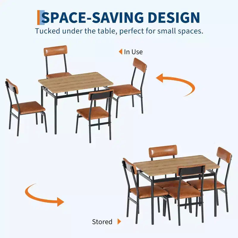 Ensemble de salle à manger 5 pièces, ensemble table de cuisine en bois avec 4 chaises rembourrées en PU, ensemble de dînette avec structure en métal industriel, marron