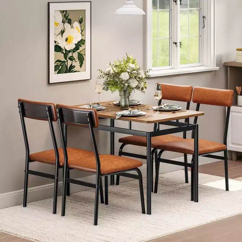 Ensemble de salle à manger 5 pièces, ensemble table de cuisine en bois avec 4 chaises rembourrées en PU, ensemble de dînette avec structure en métal industriel, marron