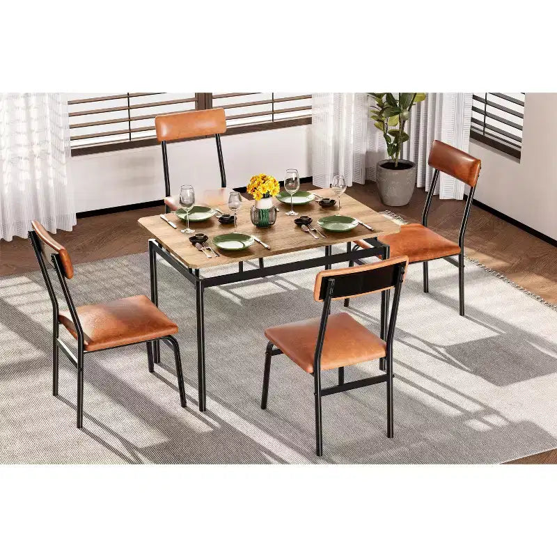 Ensemble de salle à manger 5 pièces, ensemble table de cuisine en bois avec 4 chaises rembourrées en PU, ensemble de dînette avec structure en métal industriel, marron