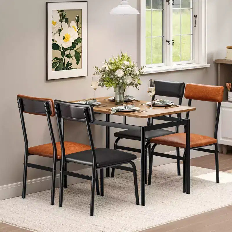 Ensemble de salle à manger 5 pièces, ensemble table de cuisine en bois avec 4 chaises rembourrées en PU, ensemble de dînette avec structure en métal industriel, marron