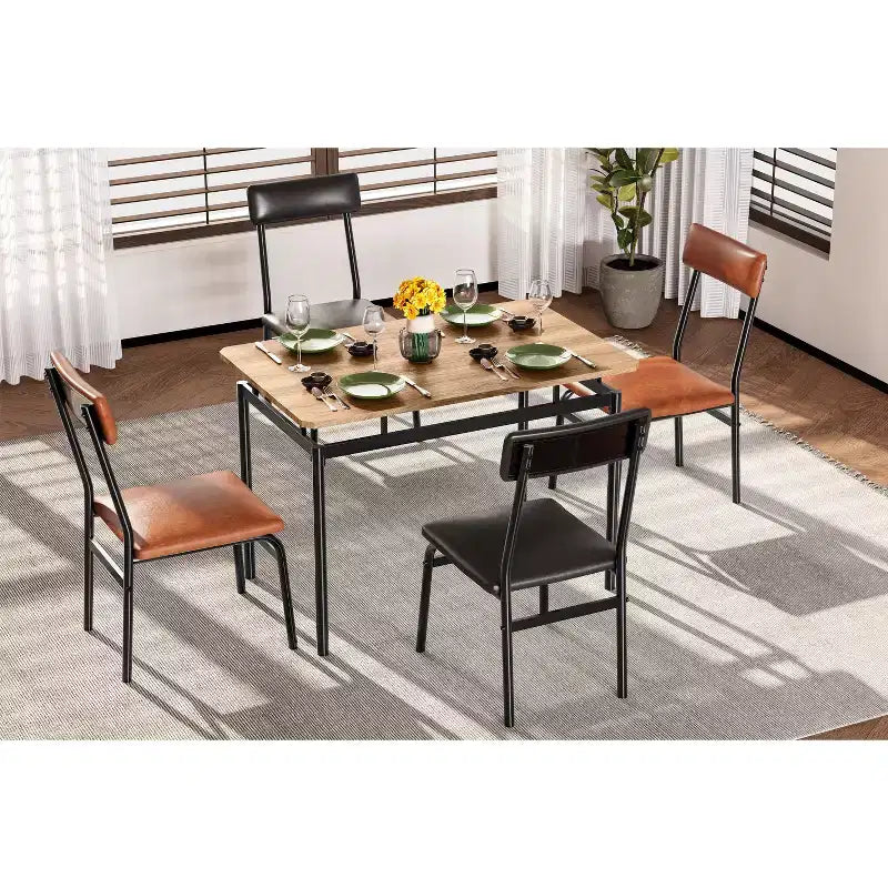 Ensemble de salle à manger 5 pièces, ensemble table de cuisine en bois avec 4 chaises rembourrées en PU, ensemble de dînette avec structure en métal industriel, marron