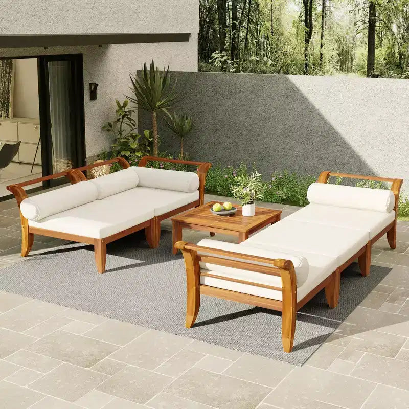 Ensemble de canapés de patio 6 pièces, salon de jardin modulaire d'extérieur, sectionnel en forme de L avec table, pouf, coussins et oreillers - ModernLuxe