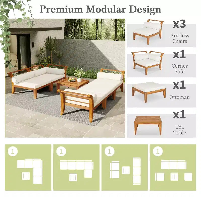 Ensemble de canapés de patio 6 pièces, salon de jardin modulaire d'extérieur, sectionnel en forme de L avec table, pouf, coussins et oreillers - ModernLuxe