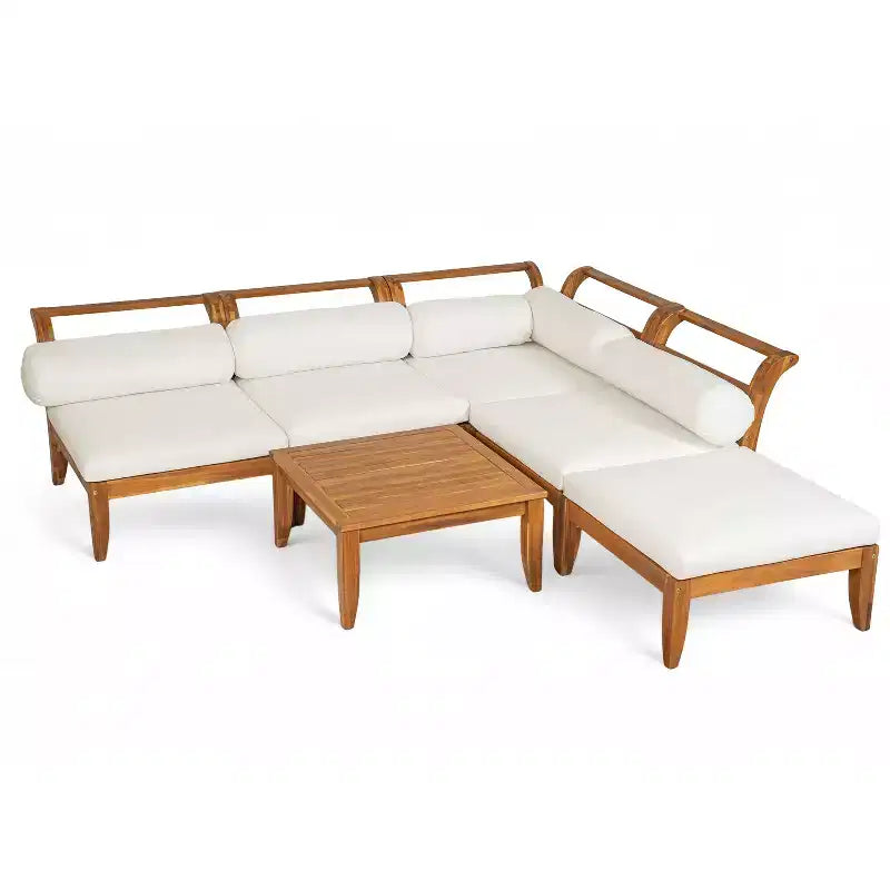 Ensemble de canapés de patio 6 pièces, salon de jardin modulaire d'extérieur, sectionnel en forme de L avec table, pouf, coussins et oreillers - ModernLuxe
