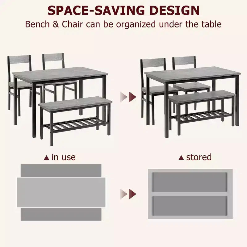 Ensemble table à manger et 4 chaises, table de cuisine moderne avec chaises et banc pour petit espace, ensemble de salle à manger 4 personnes avec cadre en métal et étagère de rangement
