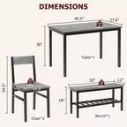 Ensemble table à manger et 4 chaises, table de cuisine moderne avec chaises et banc pour petit espace, ensemble de salle à manger 4 personnes avec cadre en métal et étagère de rangement