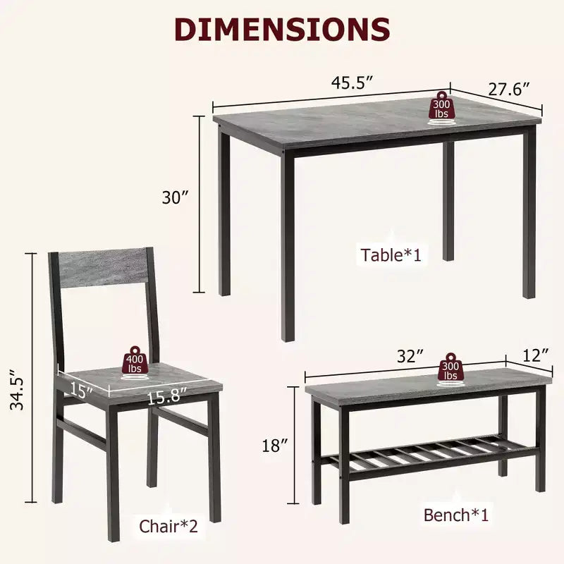 Ensemble table à manger et 4 chaises, table de cuisine moderne avec chaises et banc pour petit espace, ensemble de salle à manger 4 personnes avec cadre en métal et étagère de rangement