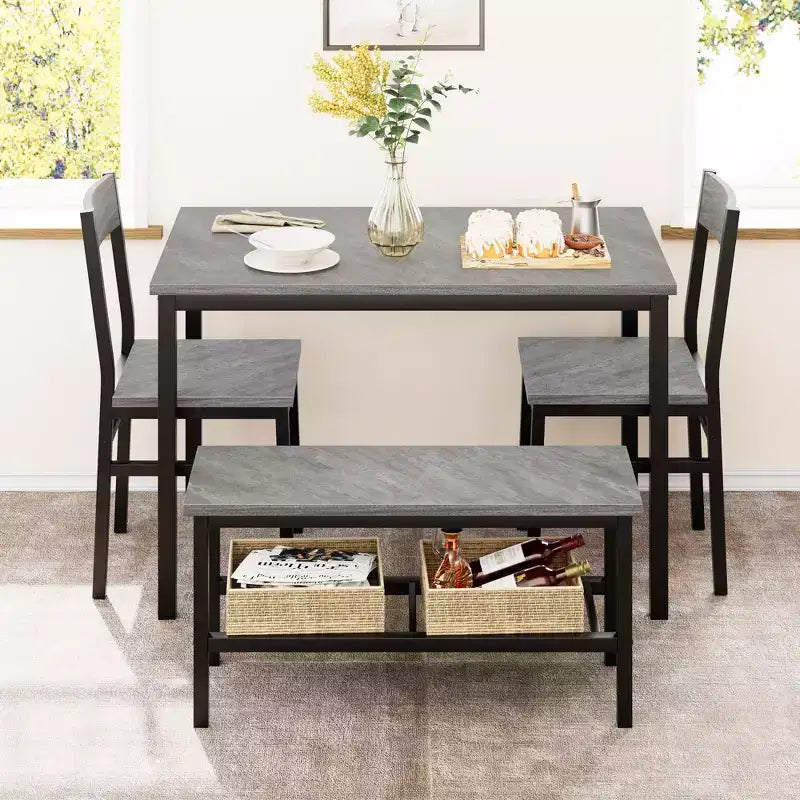 Ensemble table à manger et 4 chaises, table de cuisine moderne avec chaises et banc pour petit espace, ensemble de salle à manger 4 personnes avec cadre en métal et étagère de rangement