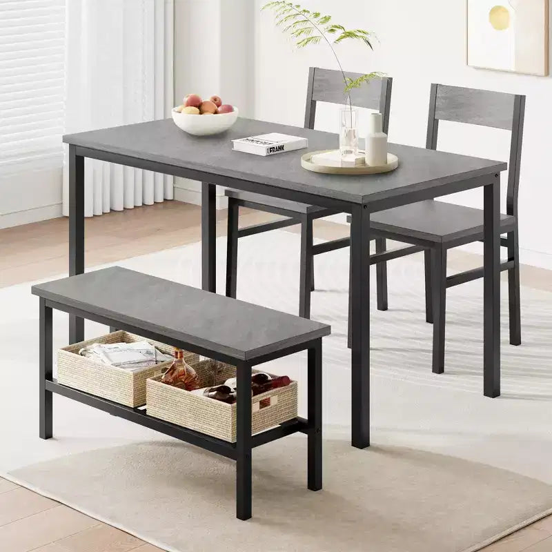 Ensemble table à manger et 4 chaises, table de cuisine moderne avec chaises et banc pour petit espace, ensemble de salle à manger 4 personnes avec cadre en métal et étagère de rangement
