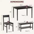 Ensemble table à manger et 4 chaises, table de cuisine moderne avec chaises et banc pour petit espace, ensemble de salle à manger 4 personnes avec cadre en métal et étagère de rangement