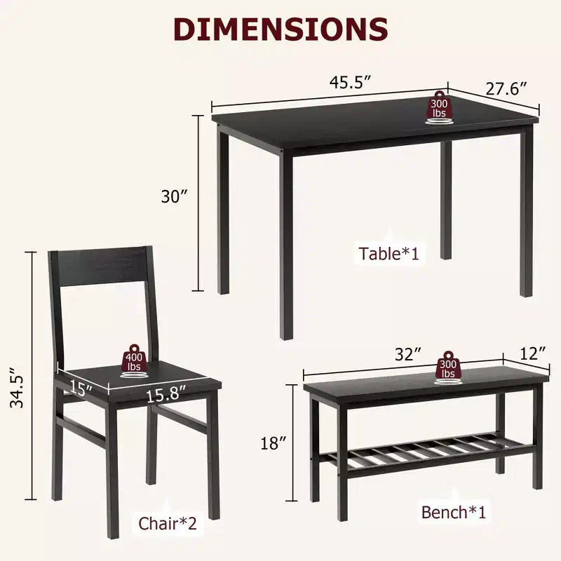 Ensemble table à manger et 4 chaises, table de cuisine moderne avec chaises et banc pour petit espace, ensemble de salle à manger 4 personnes avec cadre en métal et étagère de rangement