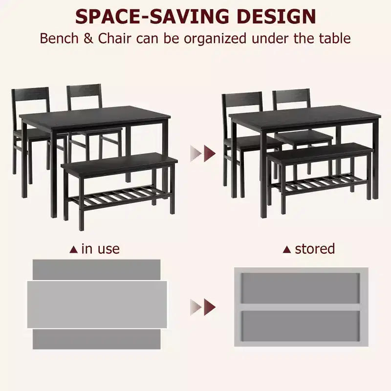 Ensemble table à manger et 4 chaises, table de cuisine moderne avec chaises et banc pour petit espace, ensemble de salle à manger 4 personnes avec cadre en métal et étagère de rangement
