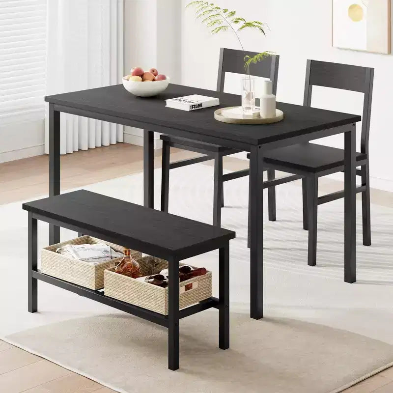 Ensemble table à manger et 4 chaises, table de cuisine moderne avec chaises et banc pour petit espace, ensemble de salle à manger 4 personnes avec cadre en métal et étagère de rangement