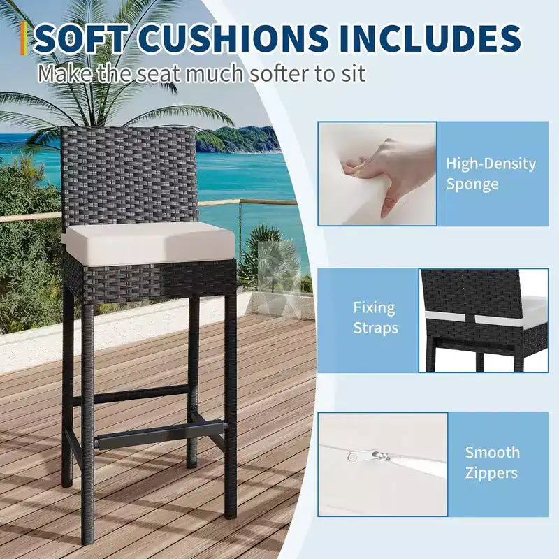 Lot de 2 tabourets de bar hauts de jardin en osier GustoWave avec coussins, sans accoudoirs, pour jardin et piscine