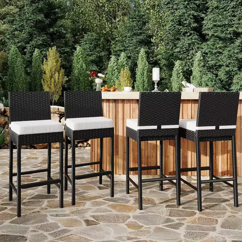 Lot de 2 tabourets de bar hauts de jardin en osier GustoWave avec coussins, sans accoudoirs, pour jardin et piscine