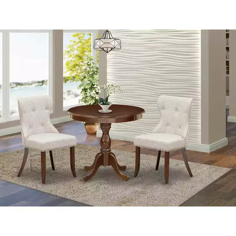 HomeStock Belmont 3 Piece Dining Table Set 1 Kitchen Table and 2 Doeskin Linen Fabric Kitchen Chair Button Tufted Back , Nail Heads - Mahogany Finish