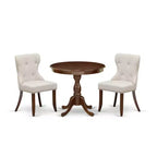 HomeStock Belmont Ensemble de 3 pièces pour salle à manger 1 table de cuisine et 2 chaises de cuisine en tissu lin Doeskin Dossier capitonné, clous décoratifs - Finition acajou