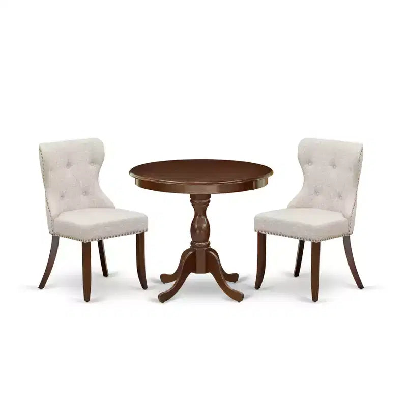 HomeStock Belmont Ensemble de 3 pièces pour salle à manger 1 table de cuisine et 2 chaises de cuisine en tissu lin Doeskin Dossier capitonné, clous décoratifs - Finition acajou
