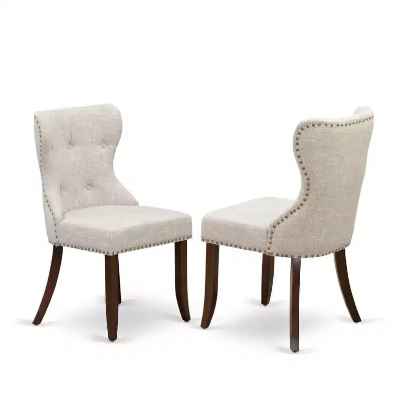 HomeStock Belmont Ensemble de 3 pièces pour salle à manger 1 table de cuisine et 2 chaises de cuisine en tissu lin Doeskin Dossier capitonné, clous décoratifs - Finition acajou