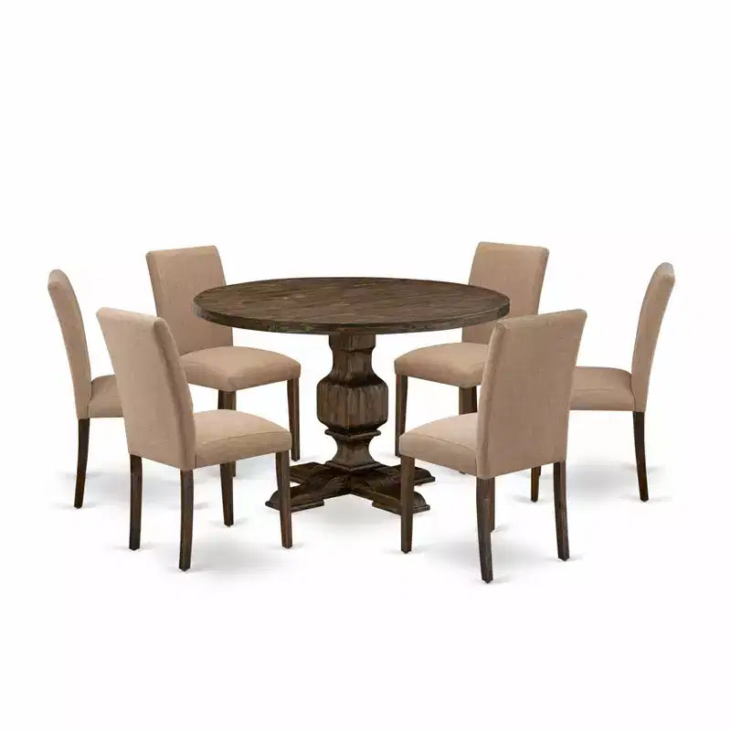 Ensemble de salle à manger HomeStock Belmont 7 pièces - Table et 6 chaises en tissu lin sable clair avec dossier haut - Fini Jacobean vieilli