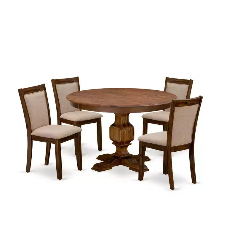 Ensemble de salle à manger 5 pièces HomeStock Belmont – Table de salle à manger à pied central et 4 chaises de salle à manger Parson dossier haut couleur sable clair – Finition noyer antique