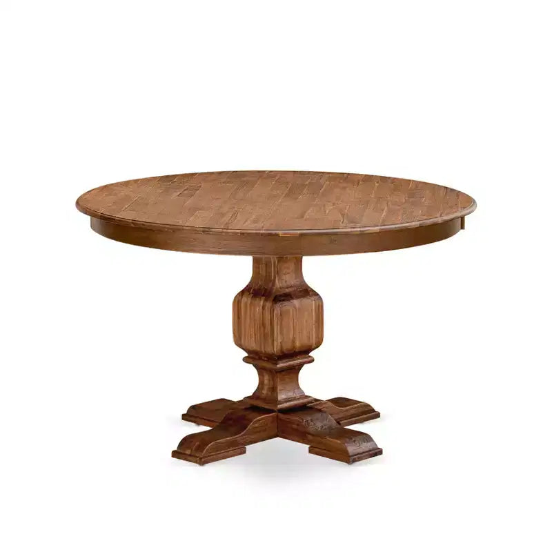 Ensemble de salle à manger 5 pièces HomeStock Belmont – Table de salle à manger à pied central et 4 chaises de salle à manger Parson dossier haut couleur sable clair – Finition noyer antique