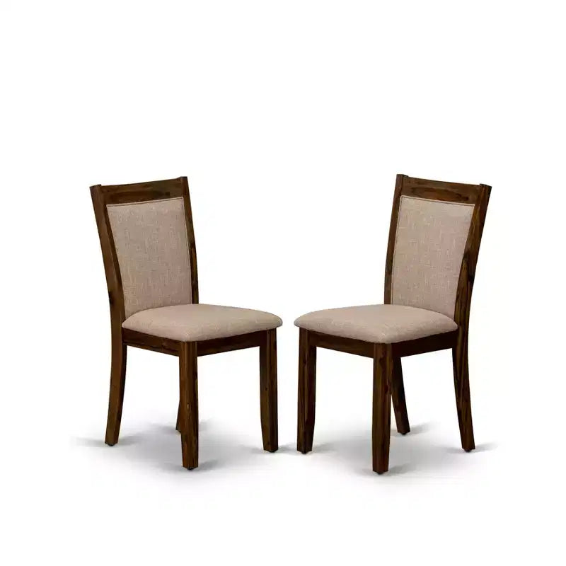 Ensemble de salle à manger 5 pièces HomeStock Belmont – Table de salle à manger à pied central et 4 chaises de salle à manger Parson dossier haut couleur sable clair – Finition noyer antique