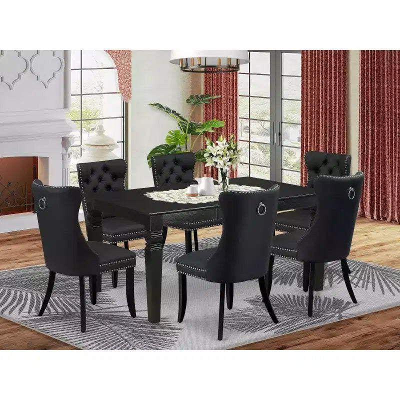 HomeStock Belmont 7 Piece Dining Table Set Contains a Rectangle Kitchen Table with Butterfly Leaf and 6 Upholstered Chairs, Black