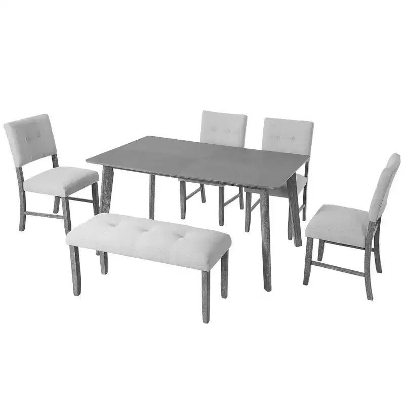 Ensemble de salle à manger en bois 6 pièces, table rectangulaire avec 4 chaises rembourrées et banc