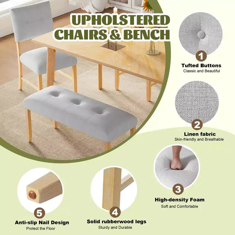 Ensemble de salle à manger en bois 6 pièces, table rectangulaire avec 4 chaises rembourrées et banc