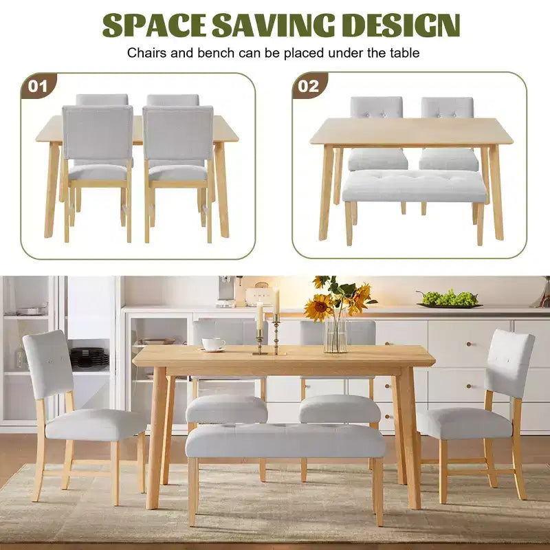 Ensemble de salle à manger en bois 6 pièces, table rectangulaire avec 4 chaises rembourrées et banc