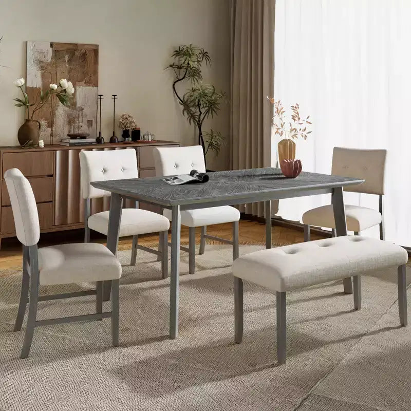Ensemble de salle à manger en bois 6 pièces, table rectangulaire avec 4 chaises rembourrées et banc