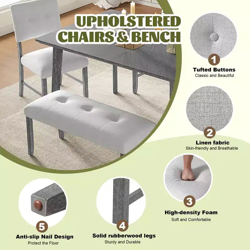 Ensemble de salle à manger en bois 6 pièces, table rectangulaire avec 4 chaises rembourrées et banc