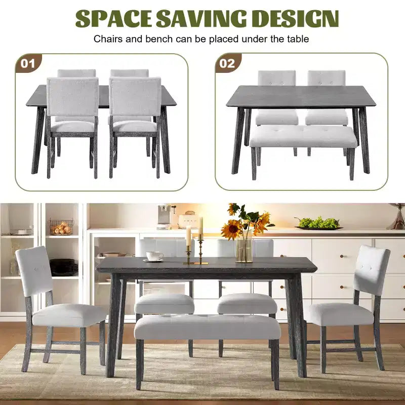 Ensemble de salle à manger en bois 6 pièces, table rectangulaire avec 4 chaises rembourrées et banc