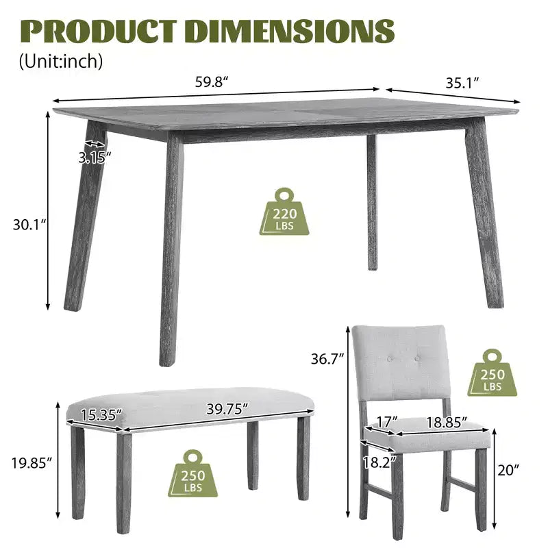 Ensemble de salle à manger en bois 6 pièces, table rectangulaire avec 4 chaises rembourrées et banc