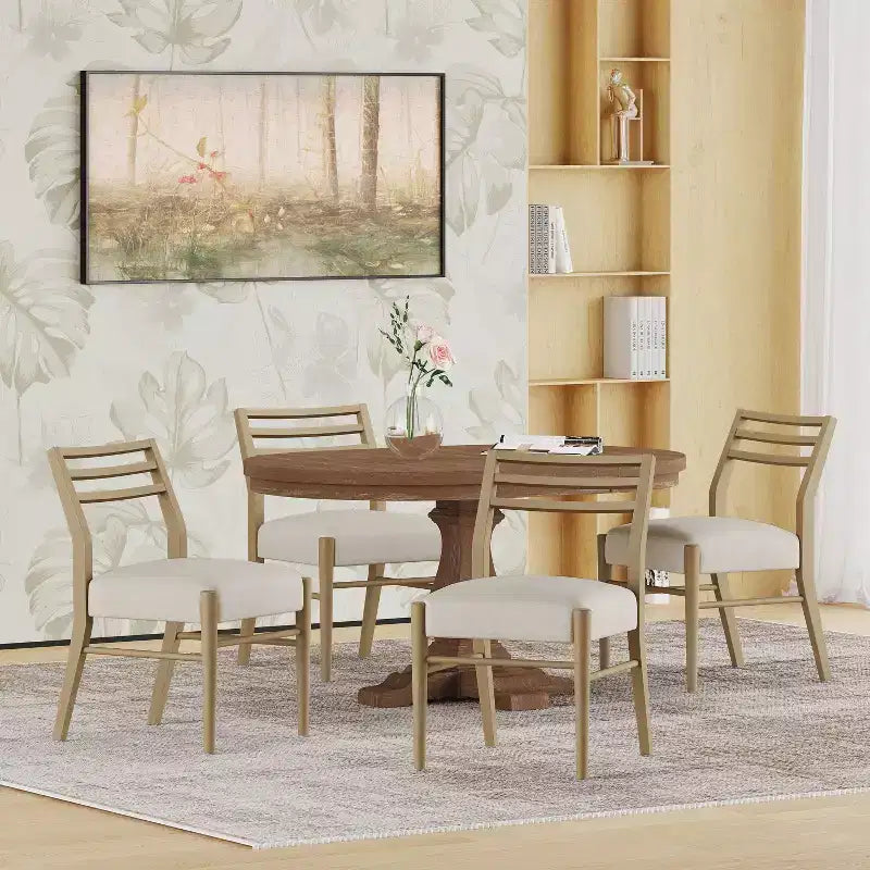 GDFStudio Alachua Farmhouse Fabric Upholstered Wood Expandable 5 Piece Dining Set