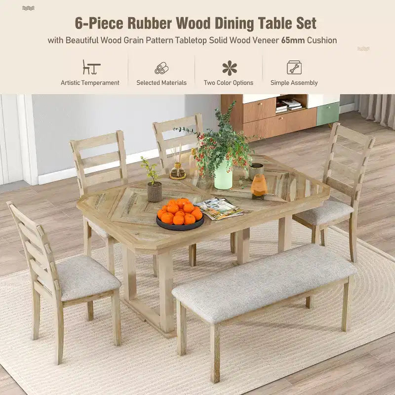 Ensemble de salle à manger 6 places avec plateau de table effet bois, ensemble de table de cuisine avec chaises et banc