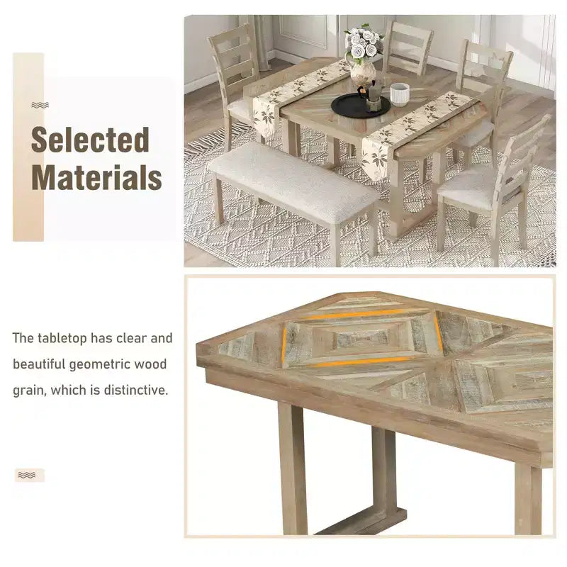 Ensemble de salle à manger 6 places avec plateau de table effet bois, ensemble de table de cuisine avec chaises et banc