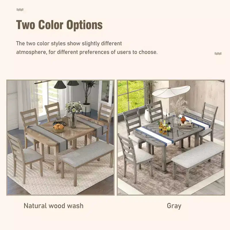 Ensemble de salle à manger 6 places avec plateau de table effet bois, ensemble de table de cuisine avec chaises et banc
