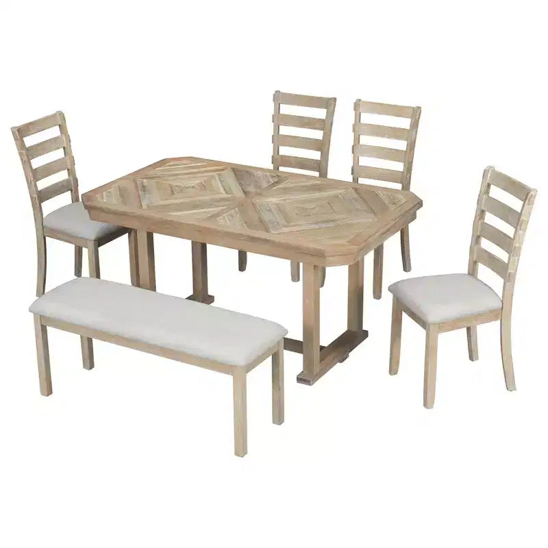 Ensemble de salle à manger 6 places avec plateau de table effet bois, ensemble de table de cuisine avec chaises et banc