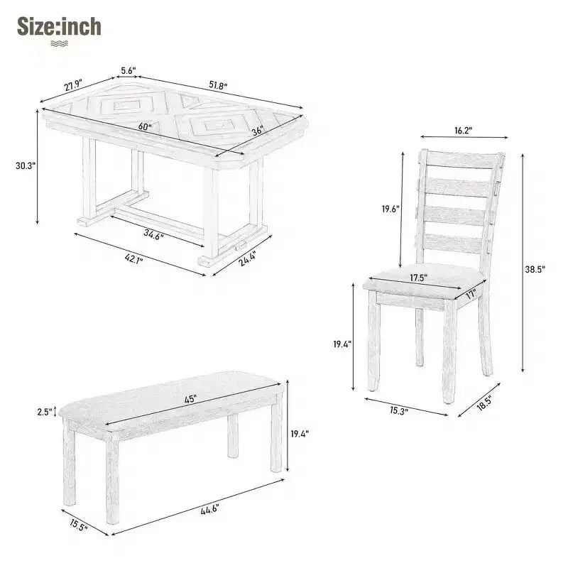 Ensemble de salle à manger 6 places avec plateau de table effet bois, ensemble de table de cuisine avec chaises et banc