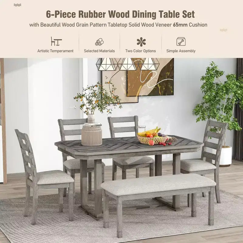 Ensemble de salle à manger 6 places avec plateau de table effet bois, ensemble de table de cuisine avec chaises et banc