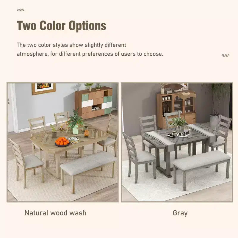Ensemble de salle à manger 6 places avec plateau de table effet bois, ensemble de table de cuisine avec chaises et banc