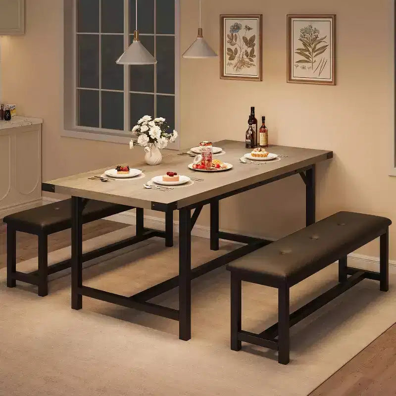 Farmhouse Extendable Dining Table Set for 4/ 6, Large Dining Table Set with Two Upholstered Benches, for Home, Dining room Rustic Gray