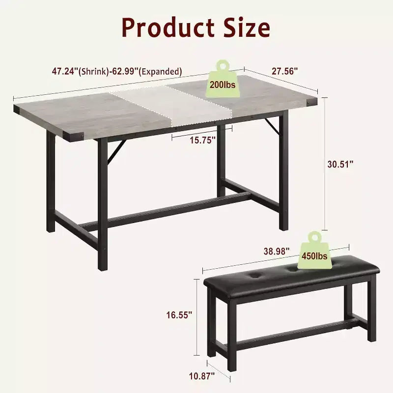 Ensemble table de salle à manger extensible de style campagnard pour 4/6 personnes, grand ensemble de salle à manger avec deux bancs rembourrés, pour la maison, salle à manger, gris rustique