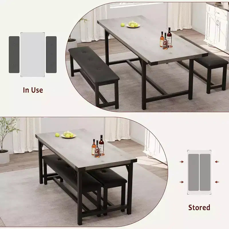 Ensemble table de salle à manger extensible de style campagnard pour 4/6 personnes, grand ensemble de salle à manger avec deux bancs rembourrés, pour la maison, salle à manger, gris rustique