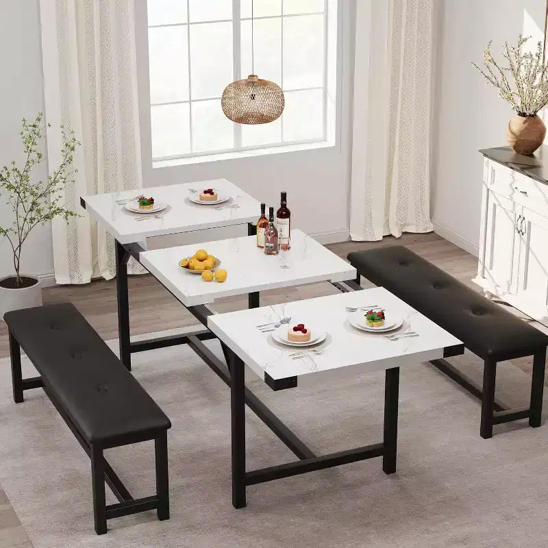 Farmhouse Extendable Dining Table Set for 4/ 6, Large Dining Table Set with Two Upholstered Benches, for Home, Dining room White Marble